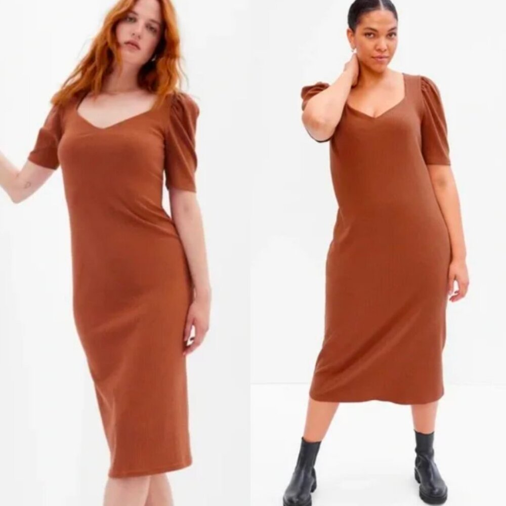 ☀️ GAP Puff Sleeve Sweetheart Midi Dress Saddle Brown Casual XL V Neck Ribbed